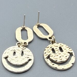Smiley Face Dangle Earrings Gold Tone Hammered Metal Happy Emoji Drops